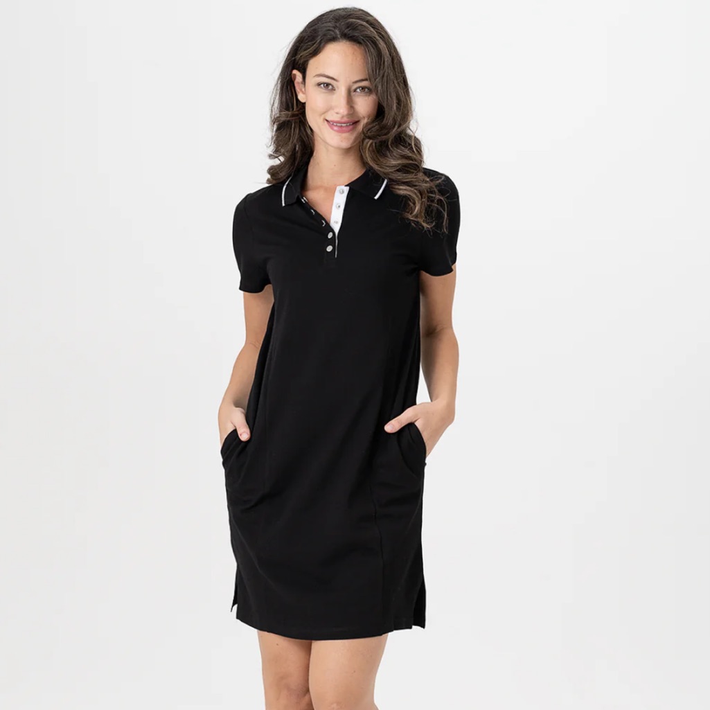 Sz Lnwt Renuar Black White Trimmed Collar Stretch Polo Dress. Ptp 20” 30” L